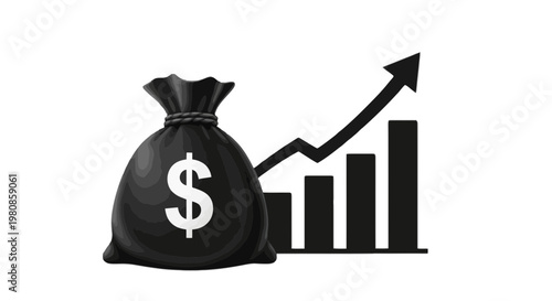Growing investment represented by a money bag and rising graph isolated on transparent background, Vector