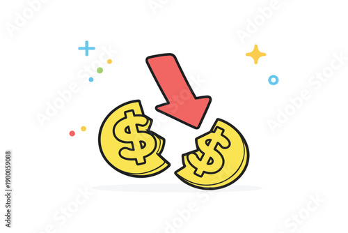 Illustration showing a decrease in monetary value with a downward arrow.
