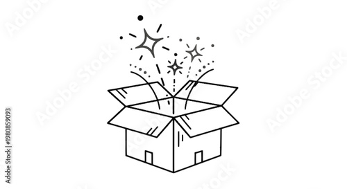 An open box with stars and sparkles bursting out of it symbolizing surprise or discovery isolated on transparent background, Vector