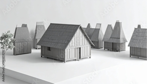 Miniature village with traditional wooden houses and unique roof designs.