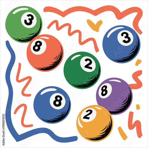 Abstract Colorful Billiard Balls Doodle Vector | Hand Drawn Pool Game Illustration with Scribble Elements