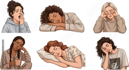 Create a realistic kinds of deferent sleepy woman vector art with white background.