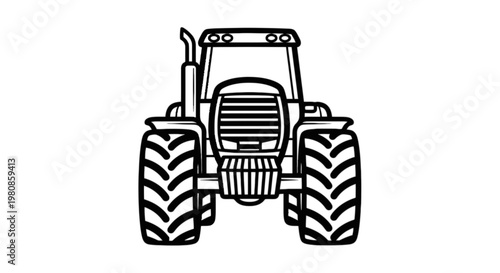 Black and white line drawing of a modern agricultural tractor isolated on transparent background, Vector