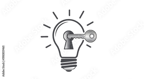 A light bulb with a key inserted into its glowing filament isolated on transparent background, Vector