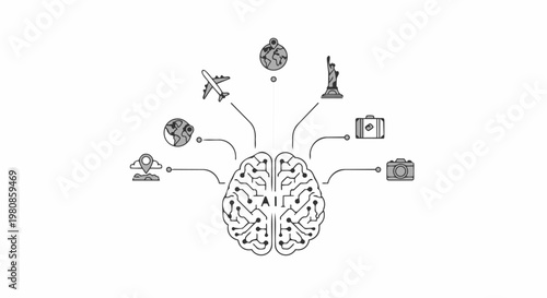Brain Connecting with Travel Destinations and Experiences Concept Illustration.