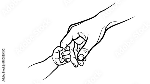 Minimalist Line Art of Parent Holding Baby's Hand, Concept of Protection, Love, and Family Bonding, Black and White Vector Illustration