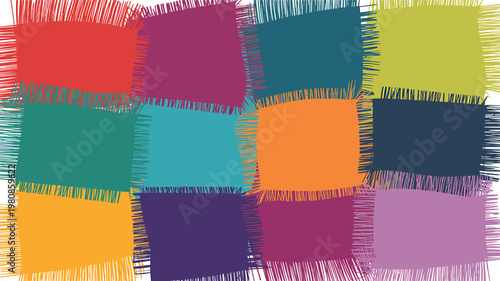 Vibrant patchwork of colorful squares with frayed edges creating a textured background