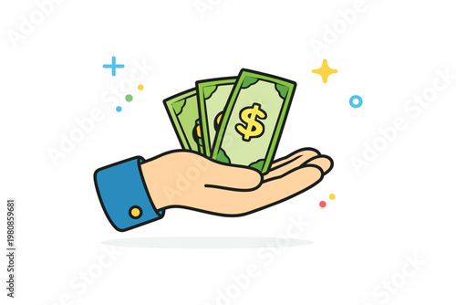 A hand in a blue cuffed sleeve offering three green dollar bills.