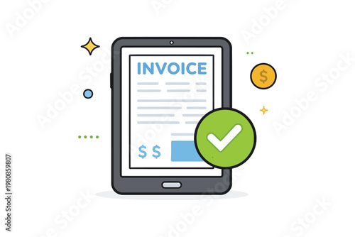 Digital invoice payment confirmation on a tablet device with a checkmark.