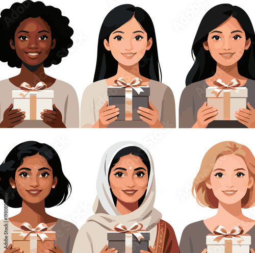 Create a realistic kinds of deferent woman holding a present vector art with white background.