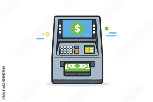Illustration of an atm machine dispensing cash and displaying a dollar sign icon.