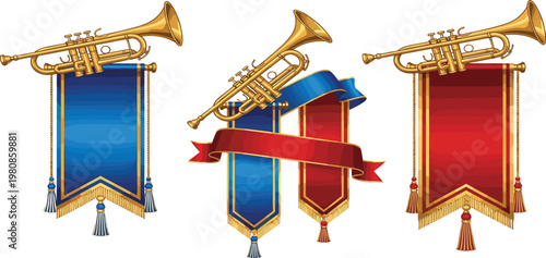 Vector Illustration of Trumpets with Colorful Banners in Blue, Red, and Gold for Commercial Use