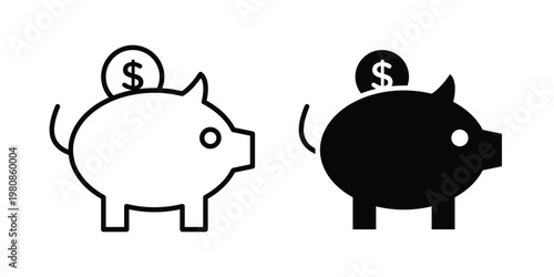 Piggy bank icon set vector symbol in black filled and stroke style