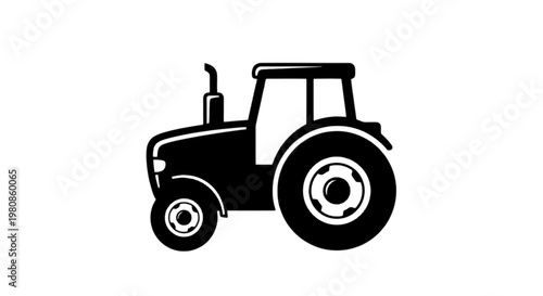 Black and white illustration of a classic tractor with large rear wheels and front steering wheel isolated on transparent background, Vector