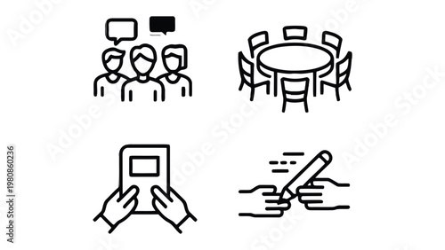 Knowledge Sharing and Dialogue: A compilation of illustrations showcasing the essence of communication, collaboration, and learning. Representing teamwork and the pursuit of knowledge.