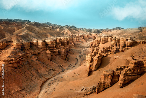 Charyn Canyon in Kazakhstan, scenic view of the dramatic red rock formations, often called the Valley of Castles