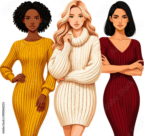Create a realistic kinds of deferent Woman in a knit dress vector art with white background.