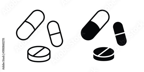 Pills and Tablets icon set vector symbol in black filled and stroke style