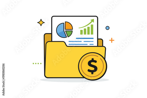 Financial analysis folder with pie chart, graph, and dollar coin illustration