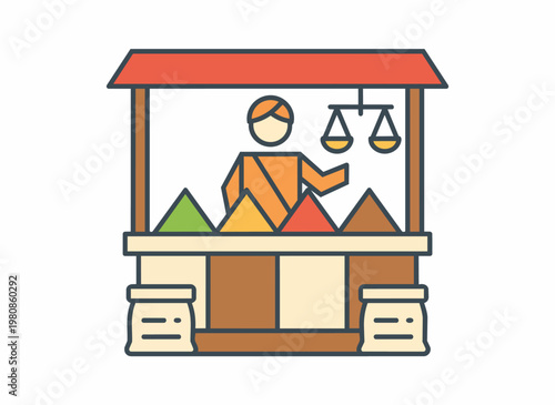 Market stall with vendor selling spices in colorful pyramids and weighing scales vector illustration.