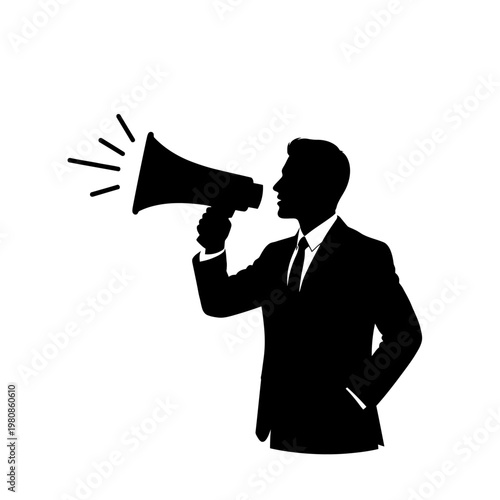 Silhouette of a Man Speaking into a Megaphone for Announcement.
