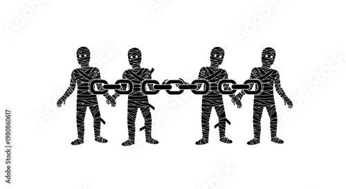Four anonymous figures in striped prisoner costumes holding chain together on white background