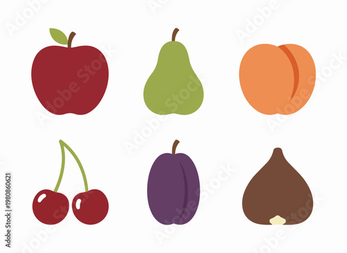 Collection of six fresh fruits apple pear peach cherries plum and fig healthy food.