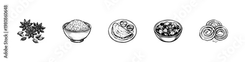 Indian Cuisine Food and Traditional Spices with Hand-Drawn Inky Doodle and Fluid Sketchy Aesthetic