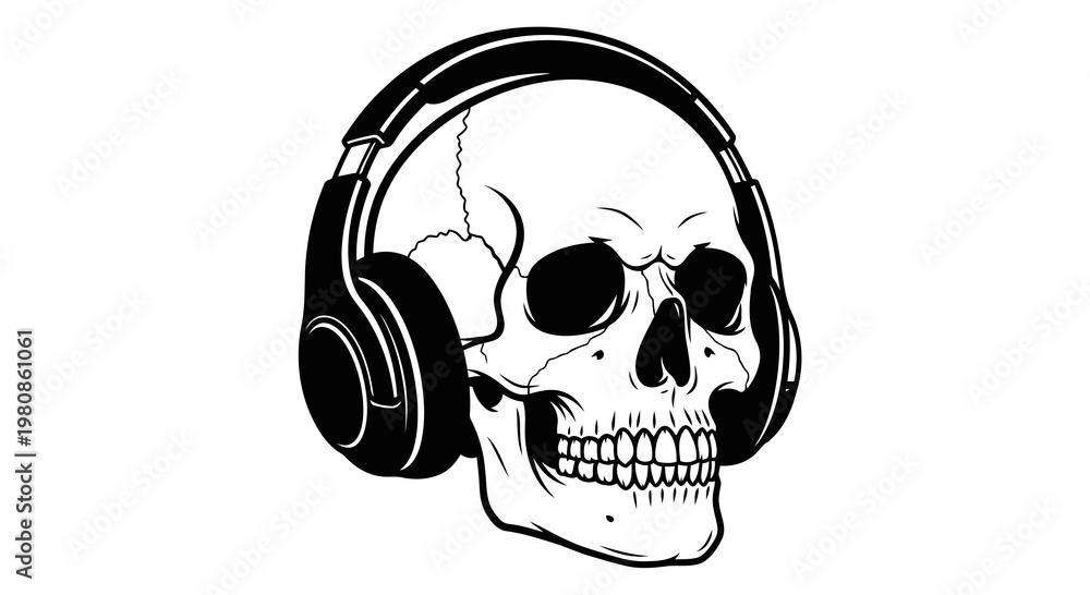 Fototapeta premium halloween skull with over-ear headphones spooky music concept vector illustration