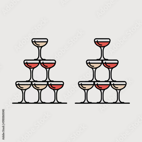 A stack of wine glasses with different colored liquids