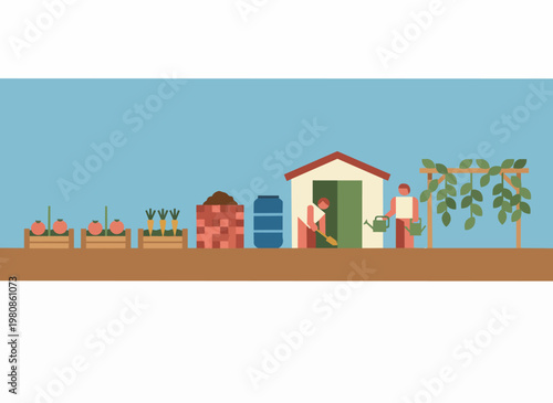 Garden scene with vegetables shed and people tending plants in a flat design illustration.
