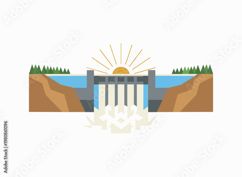 Hydroelectric dam with sun and water flow in stylized illustration with trees.