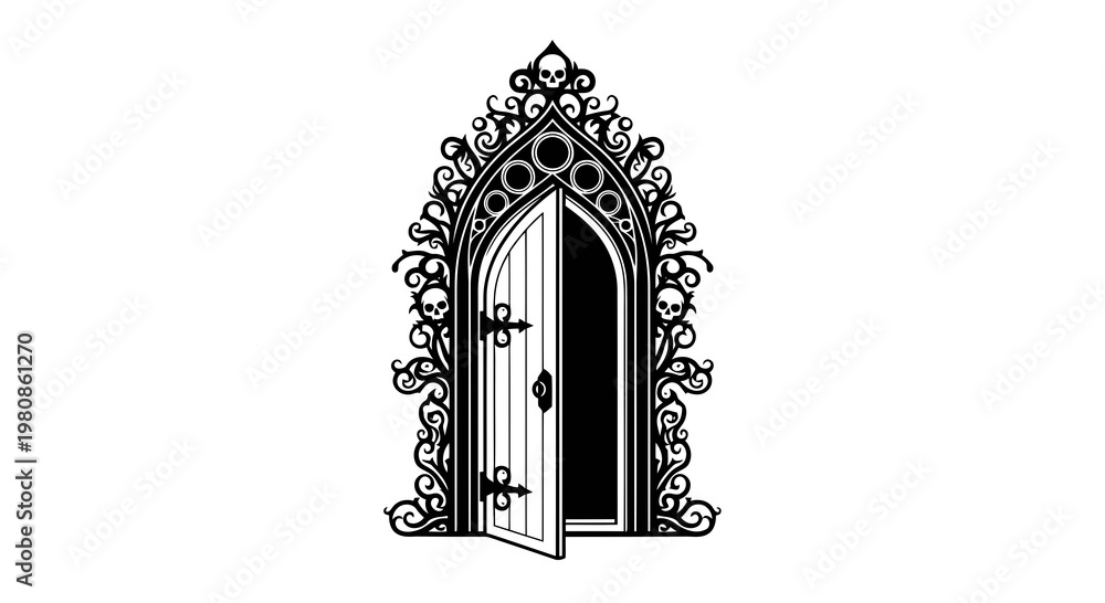 Fototapeta premium Gothic Halloween Door with Skulls and Ornate Ironwork Vector Illustration
