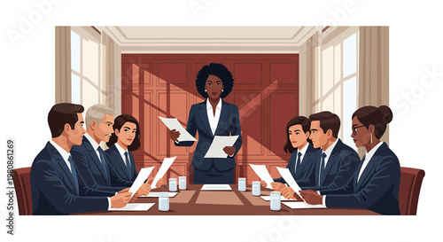 Black woman leading diverse corporate team in boardroom meeting
