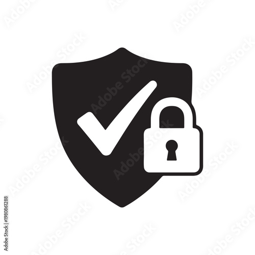 Shield with checkmark and padlock silhouette icon vector flat design