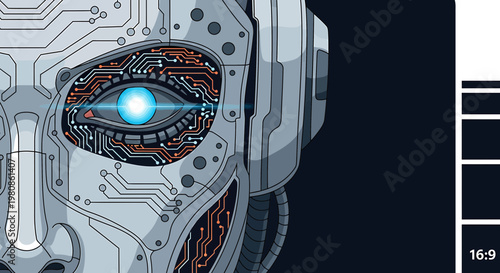 Futuristic Cyborg Face Illustration with Glowing Bionic Eye and Circuitry