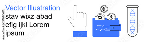 Financial technology, biotechnology, payment solutions, scientific innovation, data security, and currency. Digital wallet with coins, DNA helix and hand gesture icons. Financial technology
