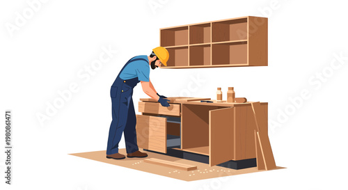 Carpenter Assembling Wooden Cabinets Flat Vector Illustration