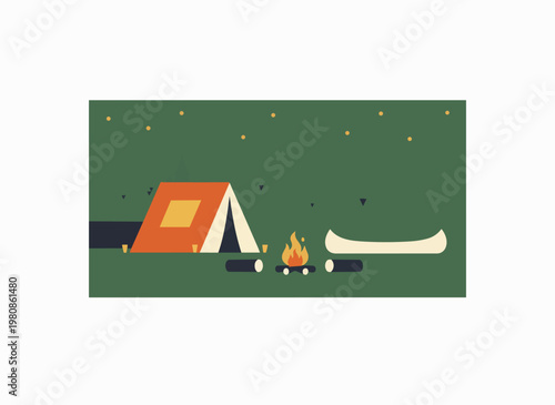 Campsite with tent, campfire, and canoe, starry night sky, outdoor recreation.
