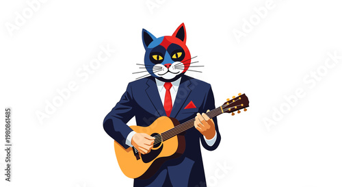 Cat in Business Suit Playing Acoustic Guitar Vector Illustration