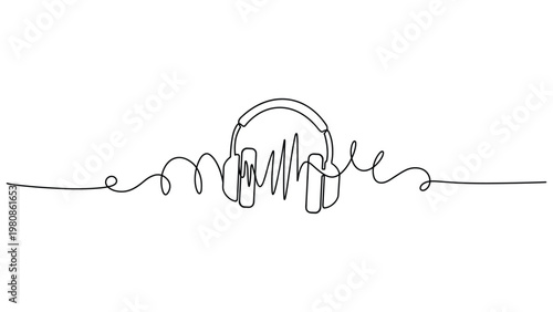Headphones and Sound Wave Line Art: Music, Audio, and Listening Concept