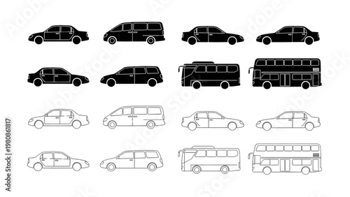 Vehicle vector Set, Cars Buses Silhouettes and Line Art Collection in Grid Layout Vector