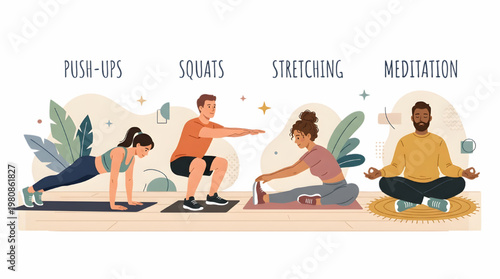 Modern Fitness Routine Flat Vector Illustration, People Exercising Push Ups, Squats, Stretching, Meditation Set