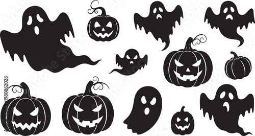 Halloween icons set with ghosts and pumpkins silhouettes black