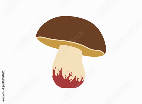 Stylized mushroom with brown cap and cream stem featuring abstract red flame like pattern at base.