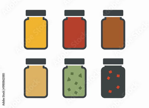 Six colorful glass jars with lids containing different food items like jam spices sauces or preserves.