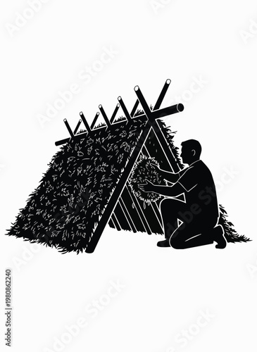 Man building wilderness survival shelter using branches and leaves natural outdoor construction for camping and emergency preparedness.