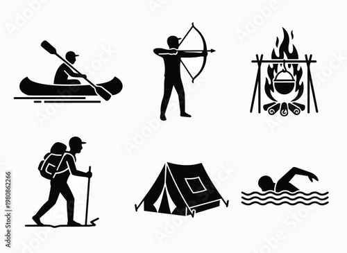 Outdoor recreation activities including kayaking archery campfire cooking hiking camping swimming and travel icons set.