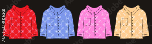 Cute winter pajamas set with snowflake pattern vector collection. Hand drawn colorful shirts with snowflake patterns for festive winter wear