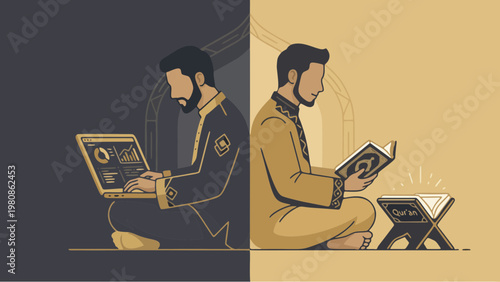 Illustration muslim man working laptop while praying.